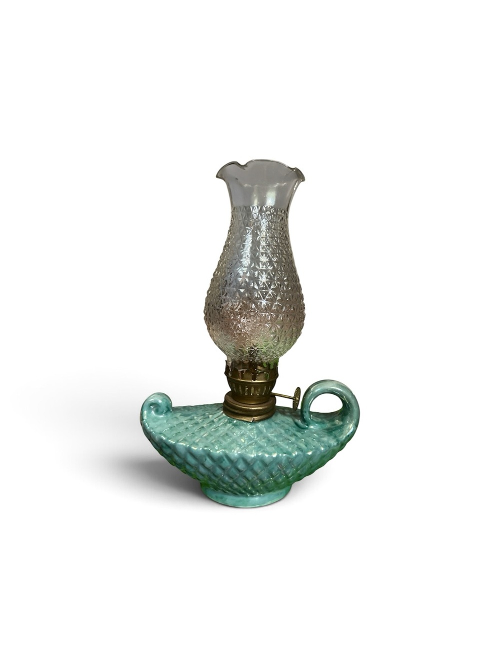 Vintage-Style Turquoise Ceramic Oil Lamp with Clear Glass Chimney